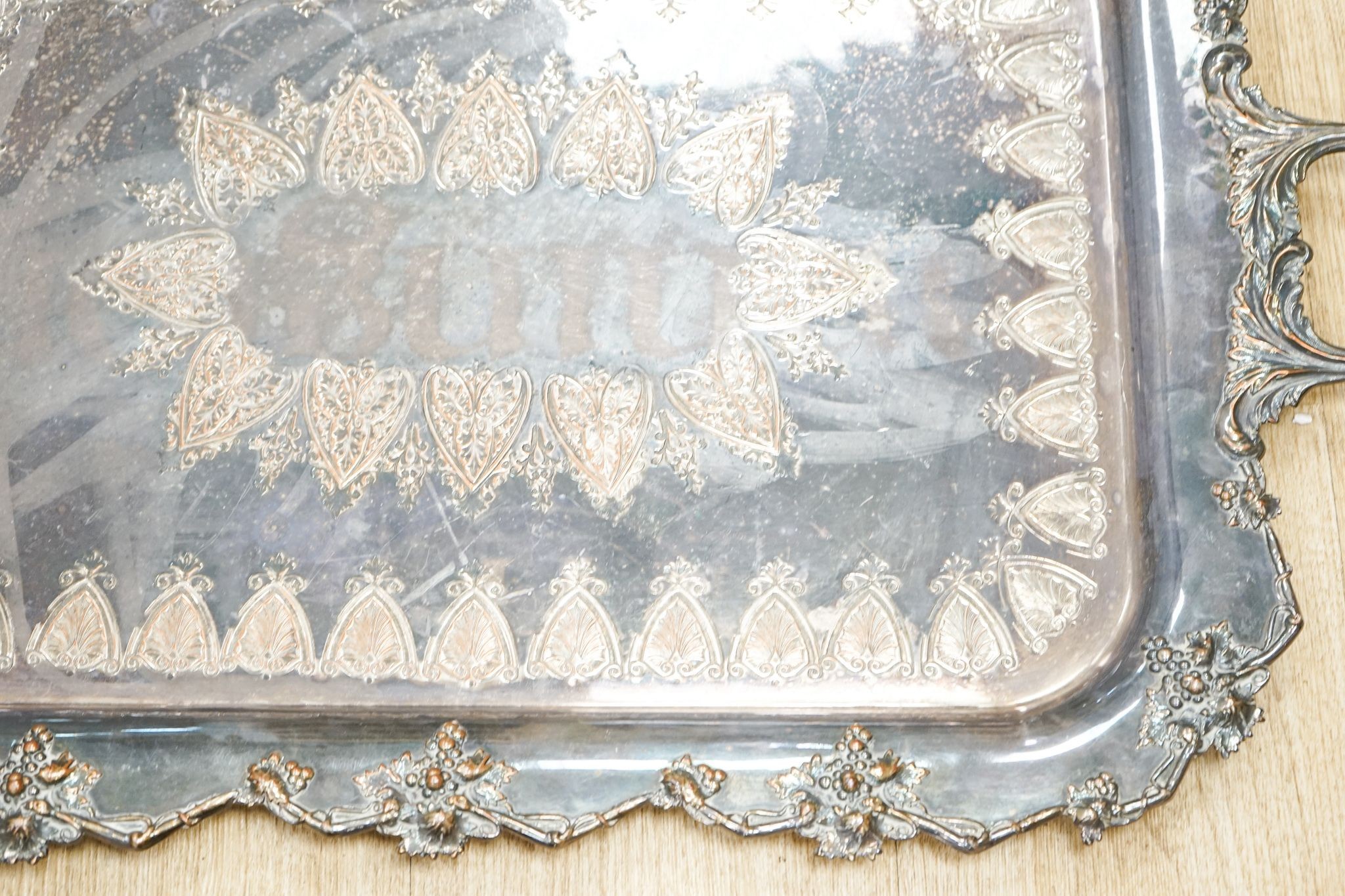 A large Victorian silver plated copper tray 78cm